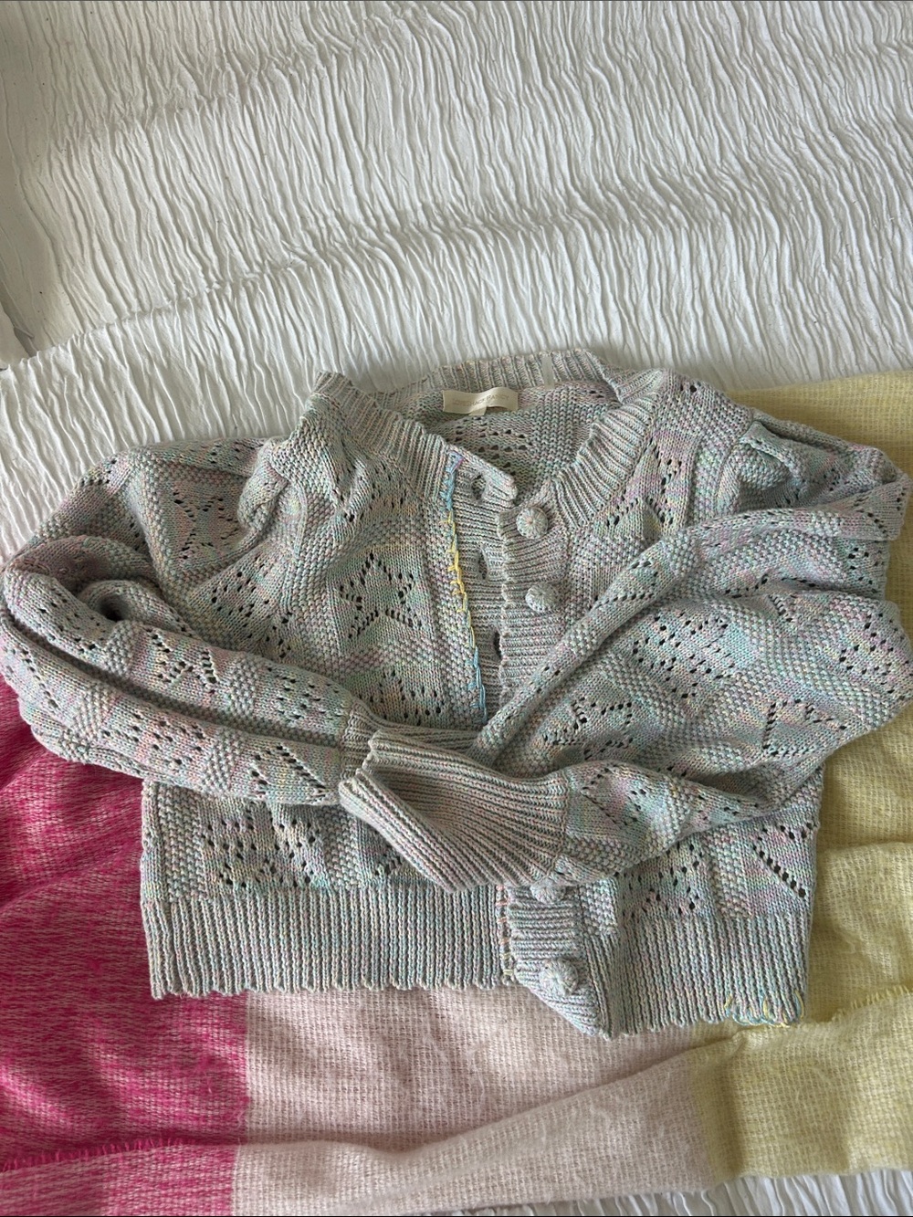 LoveShackFancy Lata Cropped Cardigan Sweater Pastel Rainbow Embroidered